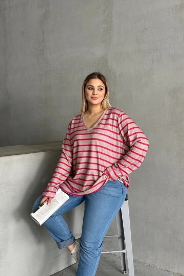 Kadın V Yaka Büyük Beden Oversize Kalıp Geniş Tunik Boy Yırtmaçlı Çizgili Uzun Kol Curve Yumoş Bluz