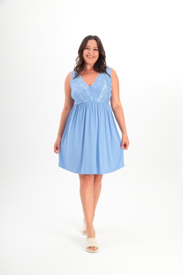 Kadın V Yaka Dantel Detay Askılı Şık Uzun Büyük Beden Curve Viskon Gecelik Elbise