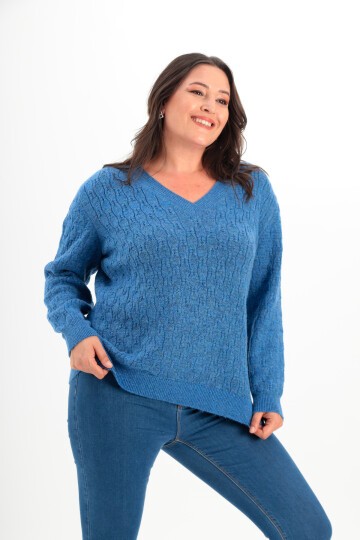 Kadın V Yaka Dokulu Büyük Beden Uzun Kol Rahat Kalıp Curve Spor Şık Kışlık Kazak