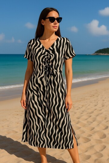 Kadın V Yaka Önden Büzgülü Yarım Kol %100 Viskoz Desenli Spor Şık Büyük Beden Curve Yazlık Elbise