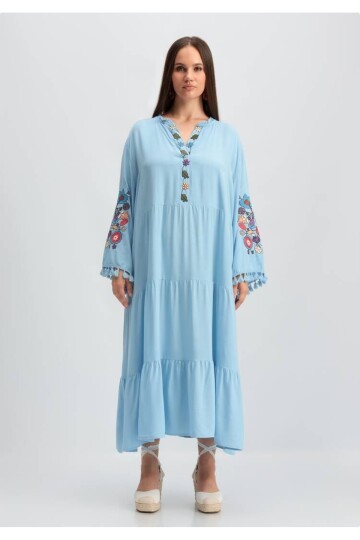 Kadın V Yaka Uzun Kol Çiçek Nakışlı Tesettüre Uygun Curve Büyük Beden Maxi Elbise