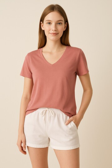 Kadın V Yaka Yarım Kol Basic Günlük Pamuk Düz Yazlık Tshirt Rahat Bluz