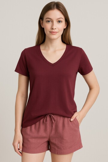 Kadın V Yaka Yarım Kol Basic Günlük Pamuk Düz Yazlık Tshirt Rahat Bluz