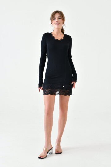 Kadın Viskon Dantel Detaylı Uzun Kol Curve Spor Şık Bluz Tunik