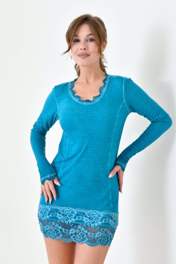 Kadın Viskon Dantel Detaylı Uzun Kol Curve Spor Şık Bluz Tunik