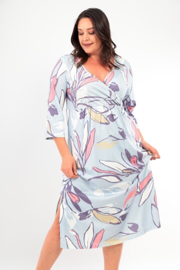 Kadın Viskon Kruvaze Yaka Truvakar Kol Büyük Beden Curve Gecelik Elbise