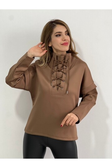 Kadın Yakası Bağcıklı Scuba Oversize Spor Şık Tasarım Sweatshirt