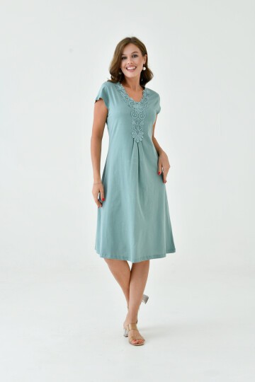 Kadın Yakası Güpürlü A Kesim Yarım Kol Viskon Günlük Midi Boy Büyük Beden Elbise Gecelik