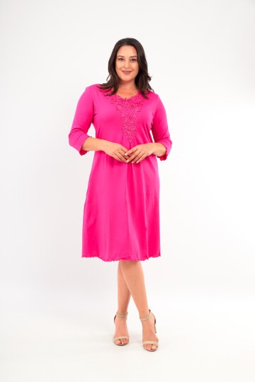 Kadın Yakası Güpürlü A Kesim Yarım Kol Viskon Günlük Midi Boy Büyük Beden Elbise Gecelik