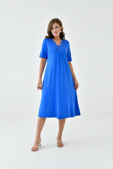 Kadın Yakası Güpürlü A Kesim Yarım Kol Viskon Günlük Midi Boy Büyük Beden Elbise Gecelik