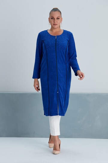 Kadın Yakası Taş Detay Fermuarlı Büyük Beden Curve Ev Plaj Midi Havlu Elbisesi