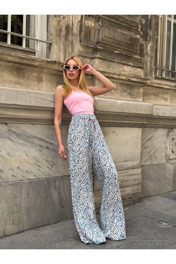 Kadın Yüksek Bel Kuşaklı Desenli %100 Viscose Pamuk Geniş Paça Şık Casual Büyük Beden Curve Pantolon