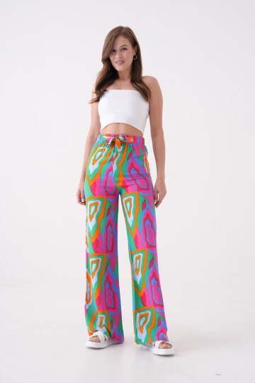 Kadın Yüksek Bel Kuşaklı Desenli %100 Viscose Pamuk Geniş Paça Şık Casual Büyük Beden Curve Pantolon