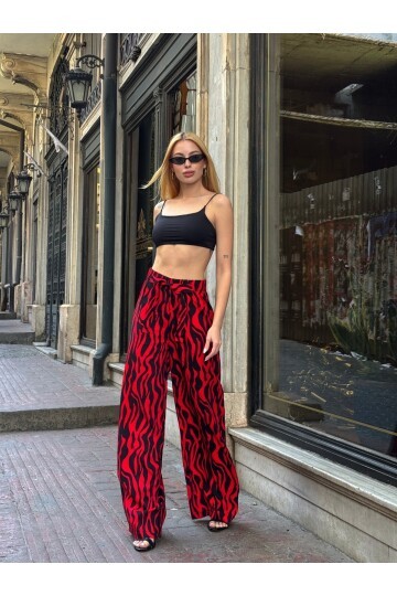 Kadın Yüksek Bel Kuşaklı Desenli %100 Viscose Pamuk Geniş Paça Şık Casual Büyük Beden Curve Pantolon