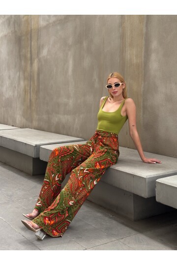 Kadın Yüksek Bel Kuşaklı Desenli %100 Viscose Pamuk Geniş Paça Şık Casual Büyük Beden Curve Pantolon