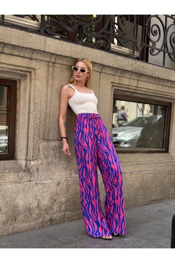 Kadın Yüksek Bel Kuşaklı Desenli %100 Viscose Pamuk Geniş Paça Şık Casual Büyük Beden Curve Pantolon