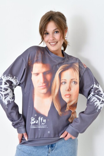 Kadın Yüz Baskılı Oversize Geniş Kalıp Desenli Curve Sweatshirt