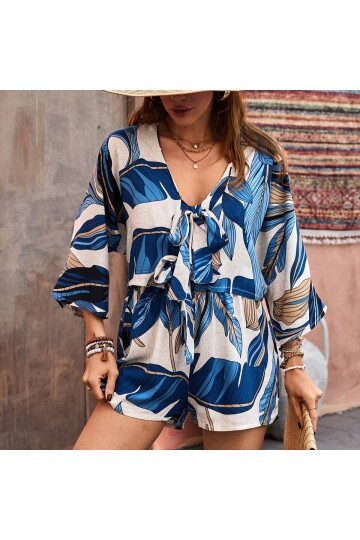 Kadın %100 Pamuk Şortlu Ceketli Desenli Yazlık Spor Şık Rahat Kalıp Kimonolu Şort Alt Üst Takım