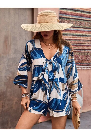 Kadın %100 Pamuk Şortlu Ceketli Desenli Yazlık Spor Şık Rahat Kalıp Kimonolu Şort Alt Üst Takım