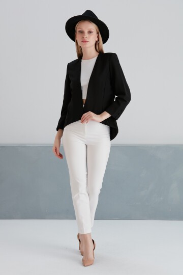 Kadın Asimetrik Kesim Truvakar Kol Tasarım Spor Şık Siyah Kumaş Blazer Ceket
