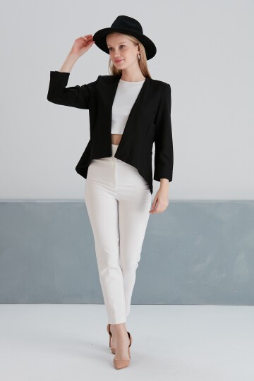Kadın Asimetrik Kesim Truvakar Kol Tasarım Spor Şık Siyah Kumaş Blazer Ceket
