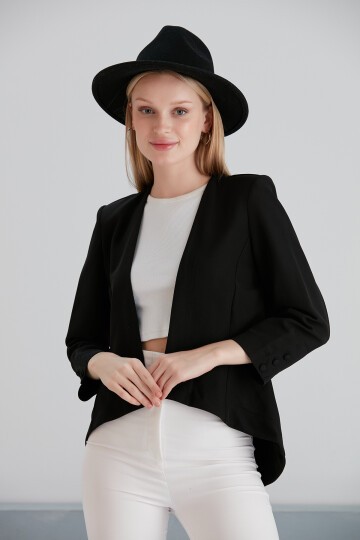 Kadın Asimetrik Kesim Truvakar Kol Tasarım Spor Şık Siyah Kumaş Blazer Ceket