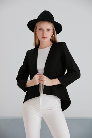 Kadın Asimetrik Kesim Truvakar Kol Tasarım Spor Şık Siyah Kumaş Blazer Ceket