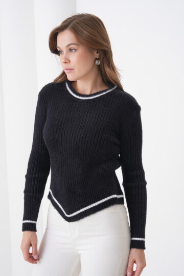 Kadın Asimetrik V Kesim Şerit Kenar Sakallı Uzun Kollu Bisiklet Yaka Spor Şık Kışlık Triko Kazak