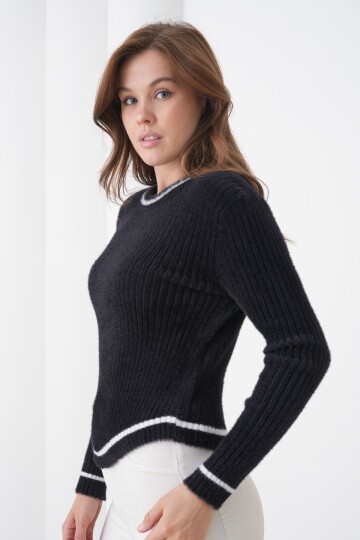 Kadın Asimetrik V Kesim Şerit Kenar Sakallı Uzun Kollu Bisiklet Yaka Spor Şık Kışlık Triko Kazak