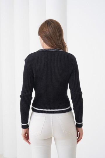 Kadın Asimetrik V Kesim Şerit Kenar Sakallı Uzun Kollu Bisiklet Yaka Spor Şık Kışlık Triko Kazak