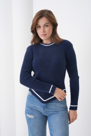 Kadın Asimetrik V Kesim Şerit Kenar Sakallı Uzun Kollu Bisiklet Yaka Spor Şık Kışlık Triko Kazak