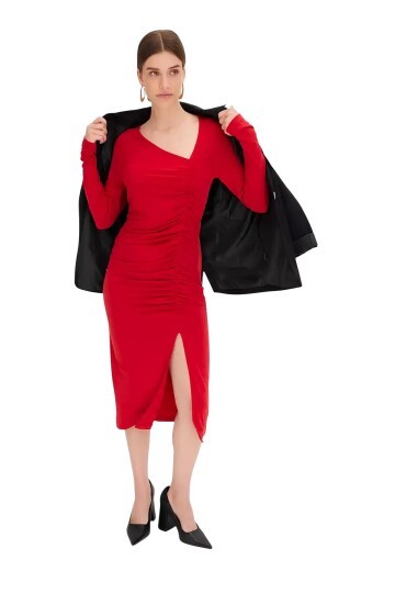 Kadın Asimetrik Yaka Büzgülü Spor Şık Gece Curve Büyük Beden Abiye Elbise