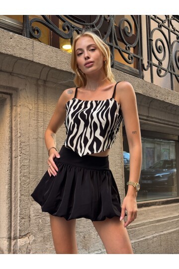 Kadın Askılı Arkadan Bağlamalı Asimetrik Kesim Yazlık Desenli Crop Top Spor Şık Bluz