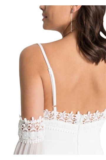 Kadın Askılı Tül Kol Detaylı Omzu Açık Beyaz Şık Abiye Nikah Elbisesi