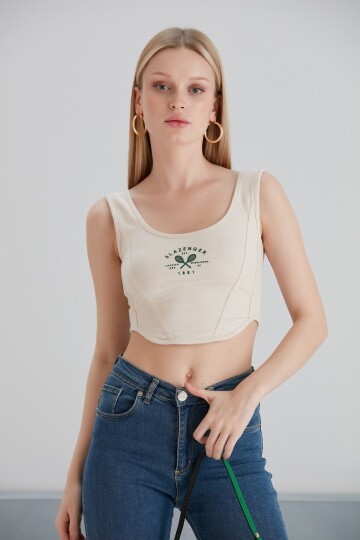 Kadın Askılı Yazı Baskılı Spor Şık Curve Krem Tasarım Croptop Bluz