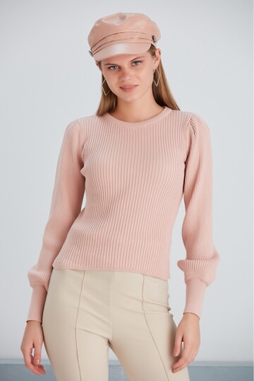 Kadın Balon Uzun Kol Pudra Rengi Spor Şık Triko Bluz