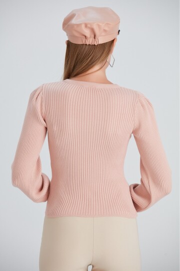 Kadın Balon Uzun Kol Pudra Rengi Spor Şık Triko Bluz