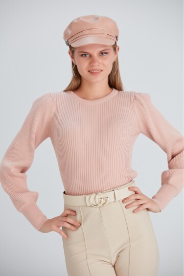 Kadın Balon Uzun Kol Pudra Rengi Spor Şık Triko Bluz