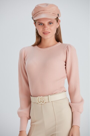 Kadın Balon Uzun Kol Pudra Rengi Spor Şık Triko Bluz