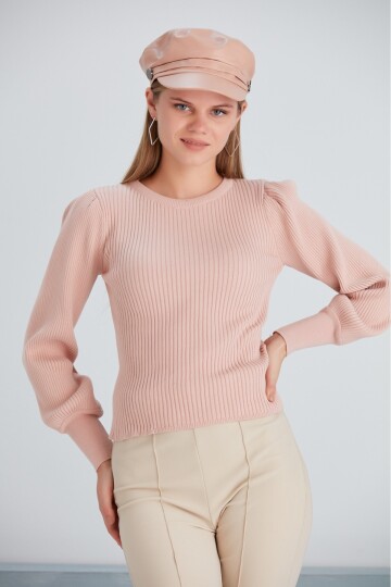 Kadın Balon Uzun Kol Pudra Rengi Spor Şık Triko Bluz