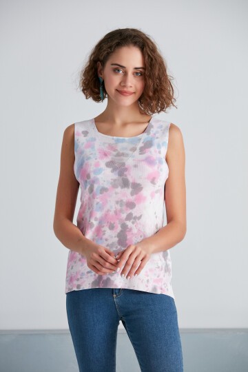 Kadın Batik Desen Bisiklet Yaka Ultra Esnek Yazlık İnce Trikodan Spor Şık Tasarım Bluz