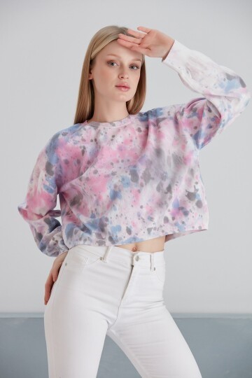 Kadın Batik Desen Crop Boy Mor Pembe Bej Triko Kazak
