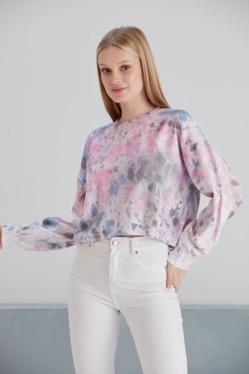 Kadın Batik Desen Crop Boy Mor Pembe Bej Triko Kazak