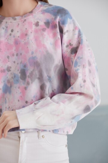 Kadın Batik Desen Crop Boy Mor Pembe Bej Triko Kazak