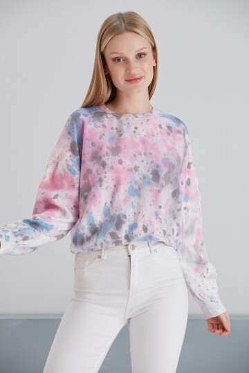 Kadın Batik Desen Crop Boy Mor Pembe Bej Triko Kazak
