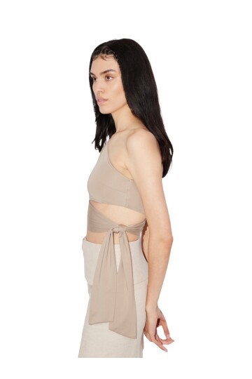 Kadın Belden Bağlama Detay Tek Kol Omzu Açık Spor Şık Rahat Kalıp Croptop Bluz