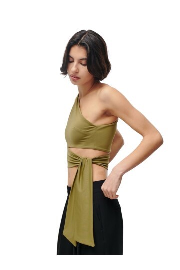 Kadın Belden Bağlama Detay Tek Kol Omzu Açık Spor Şık Rahat Kalıp Croptop Bluz