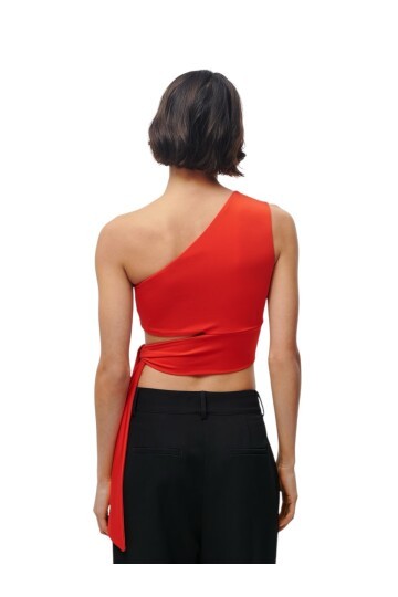 Kadın Belden Bağlama Detay Tek Kol Omzu Açık Spor Şık Rahat Kalıp Croptop Bluz