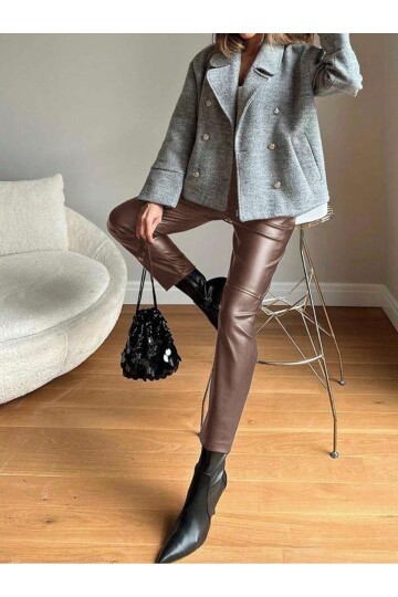 Kadın Beli Lastikli Parça Derili Spor Şık Tasarım Deri Pantolon