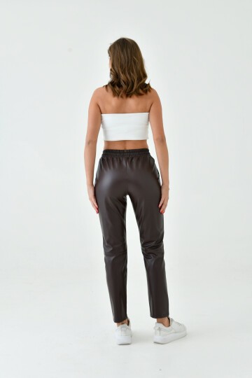 Kadın Beli Lastikli Parça Derili Spor Şık Tasarım Deri Pantolon